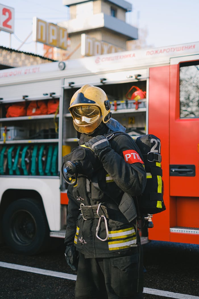 Firefighter in protective gear stands ready beside an equipped fire engine outdoors.